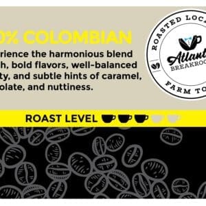 Ad for 2 oz. 100% Colombian Filter Packet showcasing its flavor profile with a roast level indicator, branded with "atlanta breakroom" and coffee bean design background.