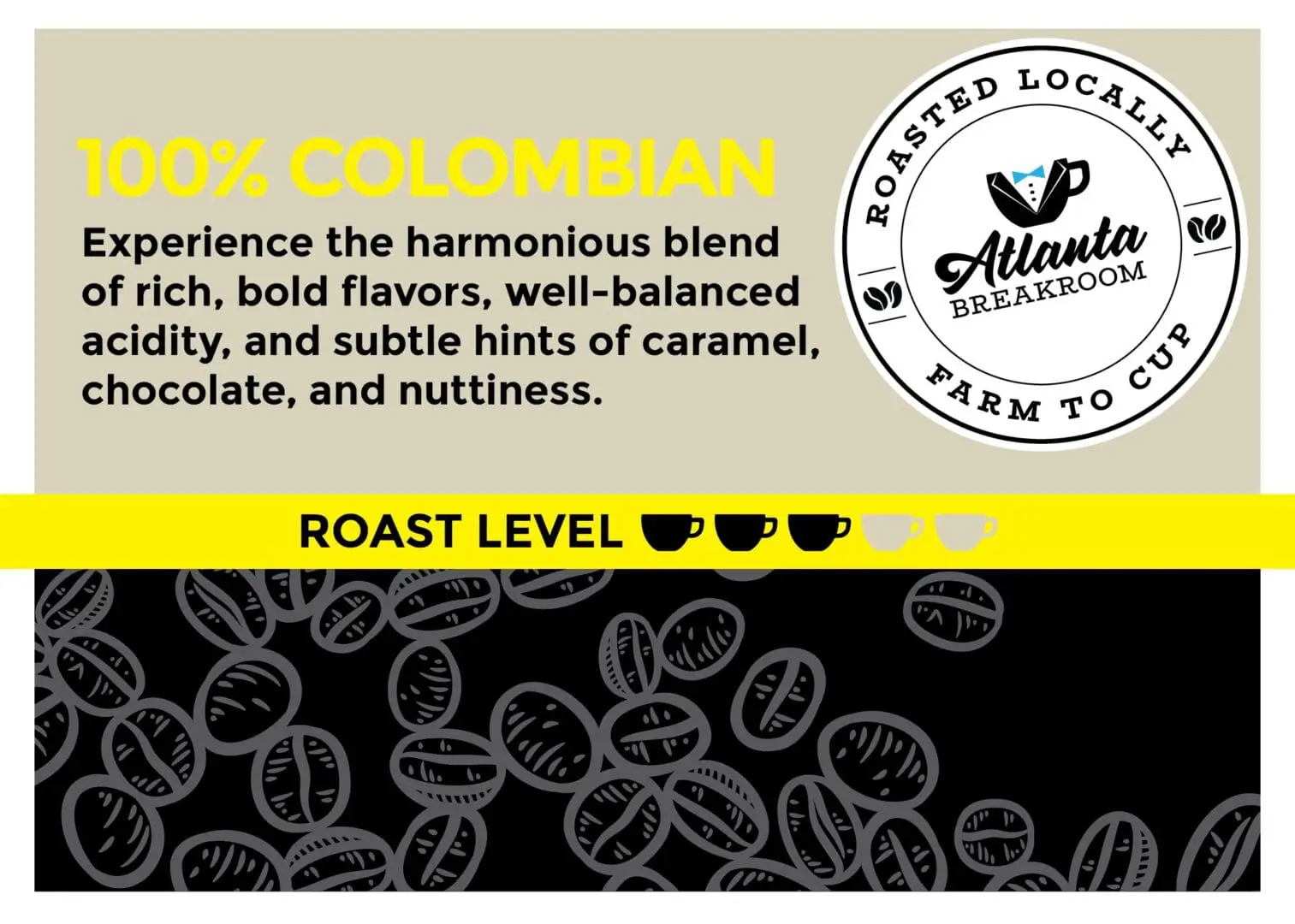 Ad for 2 oz. 100% Colombian Filter Packet showcasing its flavor profile with a roast level indicator, branded with "atlanta breakroom" and coffee bean design background.