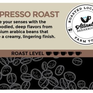 Advertisement for 2 oz. Signature Espresso Roast Filter Packet - (Atlanta Breakroom Roast) featuring text about its flavor and quality, a logo of atlanta breakroom, and bean icons indicating roast level.