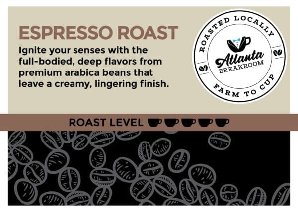 Advertisement for 2 oz. Signature Espresso Roast Filter Packet - (Atlanta Breakroom Roast) featuring text about its flavor and quality, a logo of atlanta breakroom, and bean icons indicating roast level.