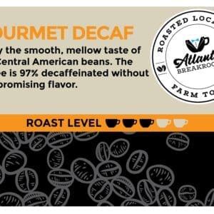 An advertisement for 2 oz. Gourmet Decaf Filter Packet from atlanta breakroom, highlighting that it's 97% decaffeinated and locally roasted, featuring a gauge showing the roast level.