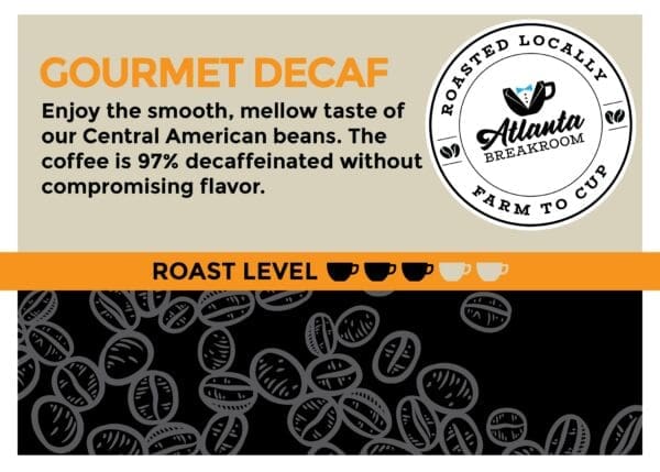 An advertisement for 2 oz. Gourmet Decaf Filter Packet from atlanta breakroom, highlighting that it's 97% decaffeinated and locally roasted, featuring a gauge showing the roast level.