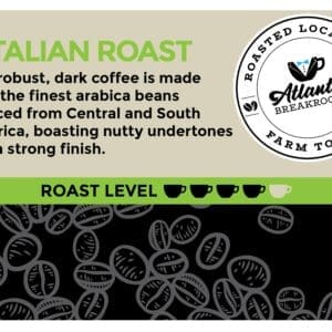 Advertisement for 2 oz. Primo Italian Roast Filter Packet featuring text about its dark, nutty undertones, with a background of coffee beans and a "roast level" gauge at the bottom.