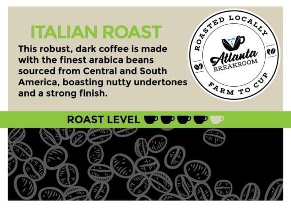 Advertisement for 2 oz. Primo Italian Roast Filter Packet featuring text about its dark, nutty undertones, with a background of coffee beans and a "roast level" gauge at the bottom.