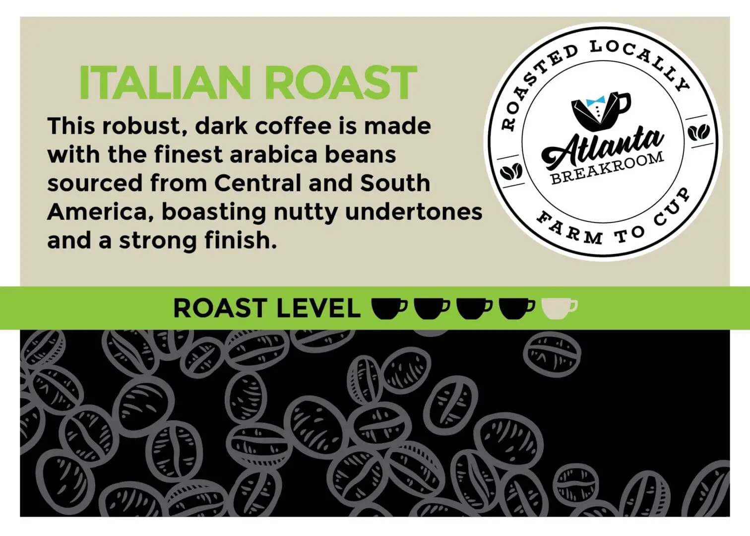 Advertisement for 2 oz. Primo Italian Roast Filter Packet featuring text about its dark, nutty undertones, with a background of coffee beans and a "roast level" gauge at the bottom.