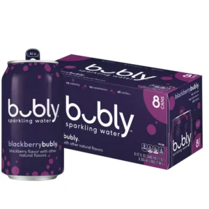 A can of Bubly™ Blackberry Flavored Sparkling Water Cans next to its box, both in dark purple featuring the blackberry flavor text and branding.