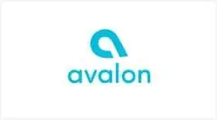 A blue and white logo of avalon