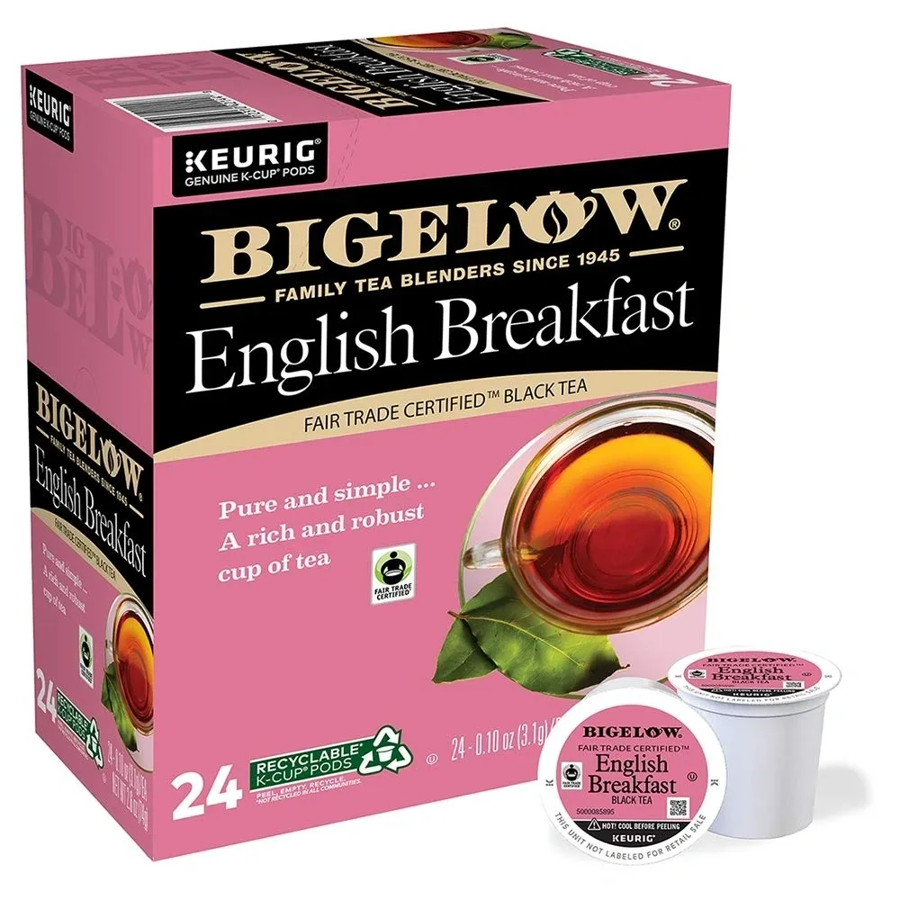 A box of Bigelow English Breakfast Tea 96 Count (4 Boxes of 24) k-cup pods with an image of a tea cup on the packaging, indicating it contains 24 recyclable pods.