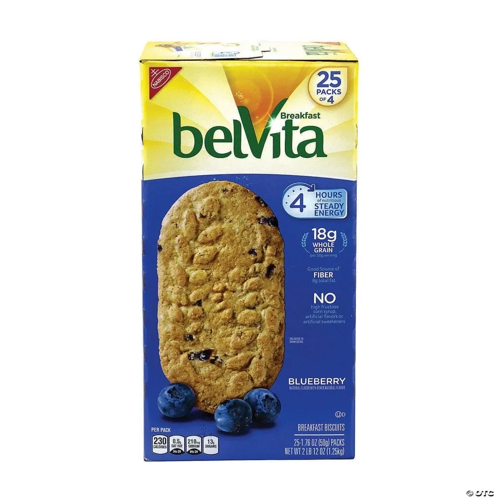 A box of belvita breakfast biscuits with blueberries.