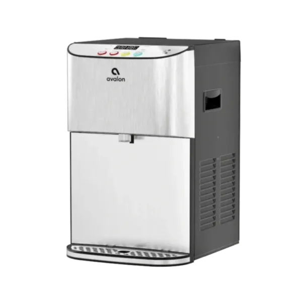 A white and black background with a water dispenser