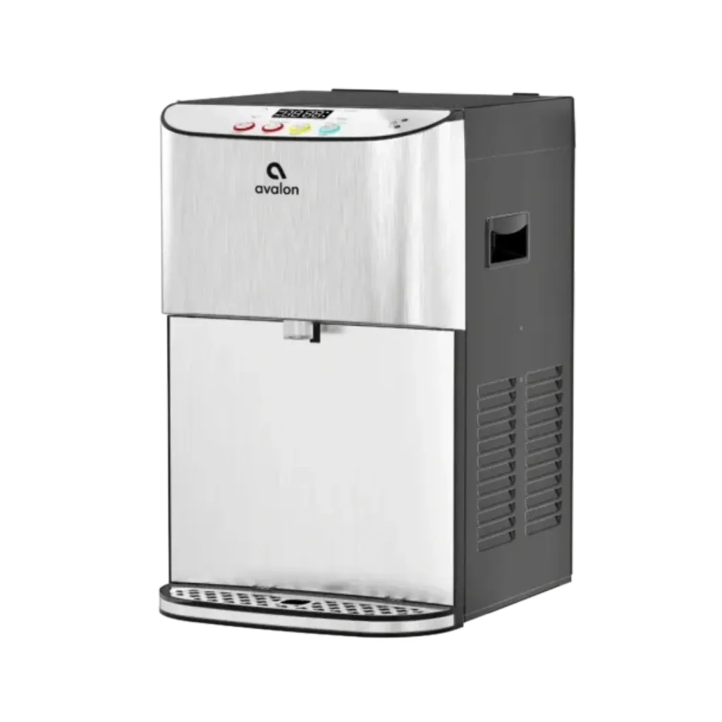 A white and black background with a water dispenser