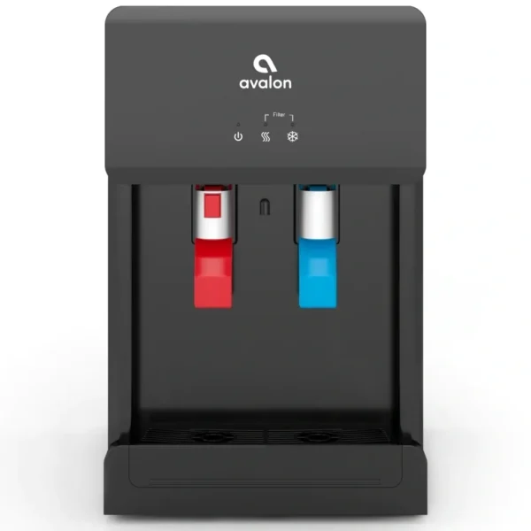 A black water cooler with two red and one blue bottles.