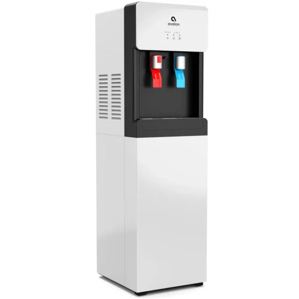 A white and black water cooler with two bottles.