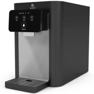 A black and white water dispenser with the lid open.