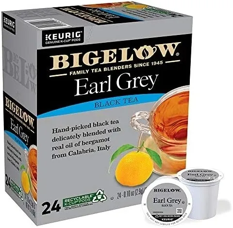 Bigelow Earl Grey tea k-cups featuring text about hand-picked black tea blended with calabrian bergamot oil, displaying 24 recyclable pods.