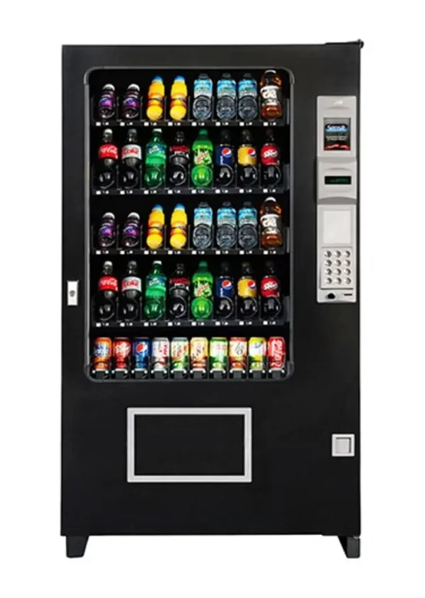 A vending machine with many different drinks on the top.