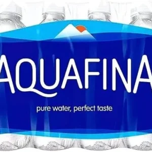 A pack of water is shown with the words " aquafina " on it.