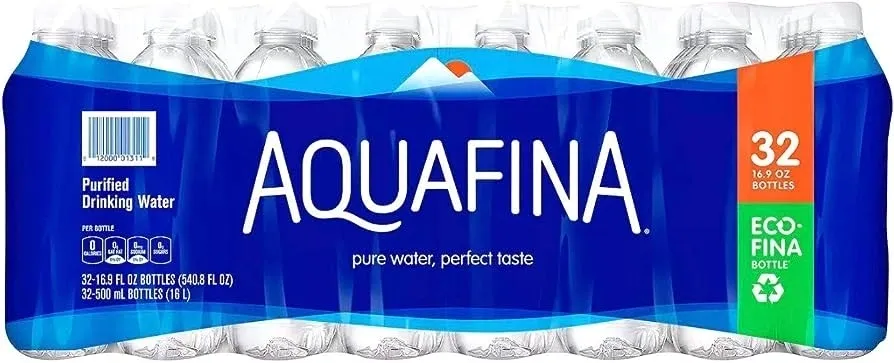 A pack of water is shown with the words " aquafina " on it.