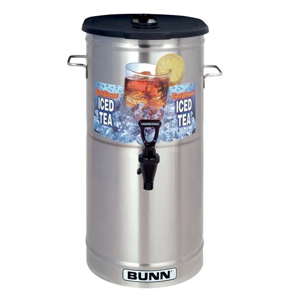 Stainless steel iced tea dispenser by Bunn.