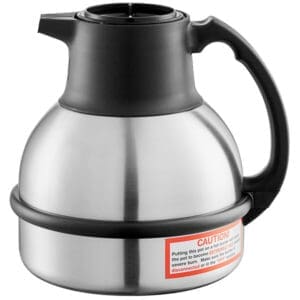 Bunn 62 oz. Stainless Steel Deluxe Thermal Carafe with a black handle and base, featuring a red caution label around the bottom.