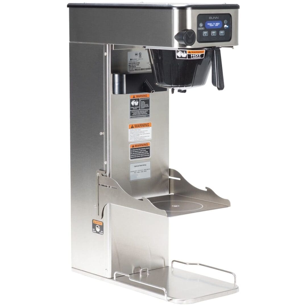 A Bunn ITCB-DV Infusion Single Coffee and Tea Brewer with Adjustable Shelf with a digital control panel and a built-in dispenser, made of stainless steel.