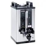 A Bunn Portable 1.5 Gallon Coffee Server with Top Handles and Fast Flow Faucet with a metal body, digital display, and a clear coffee level gauge on the front.