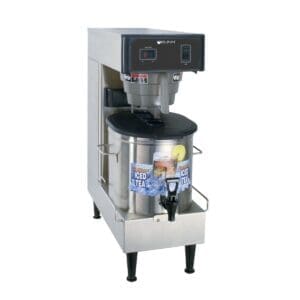 Bunn TB3Q-LP Quick Brew Low Profile 3 Gallon Iced Tea Brewer with digital display, a filled pot, and two tea bags displayed on the front.