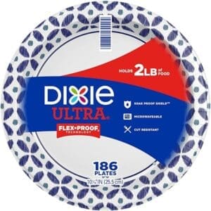 Top view of a Dixie Paper Dinner Plate, 10" with flex proof technology, featuring a blue and gray leaf pattern on the rim.