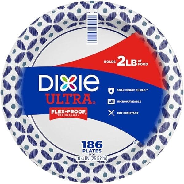 Top view of a Dixie Paper Dinner Plate, 10" with flex proof technology, featuring a blue and gray leaf pattern on the rim.