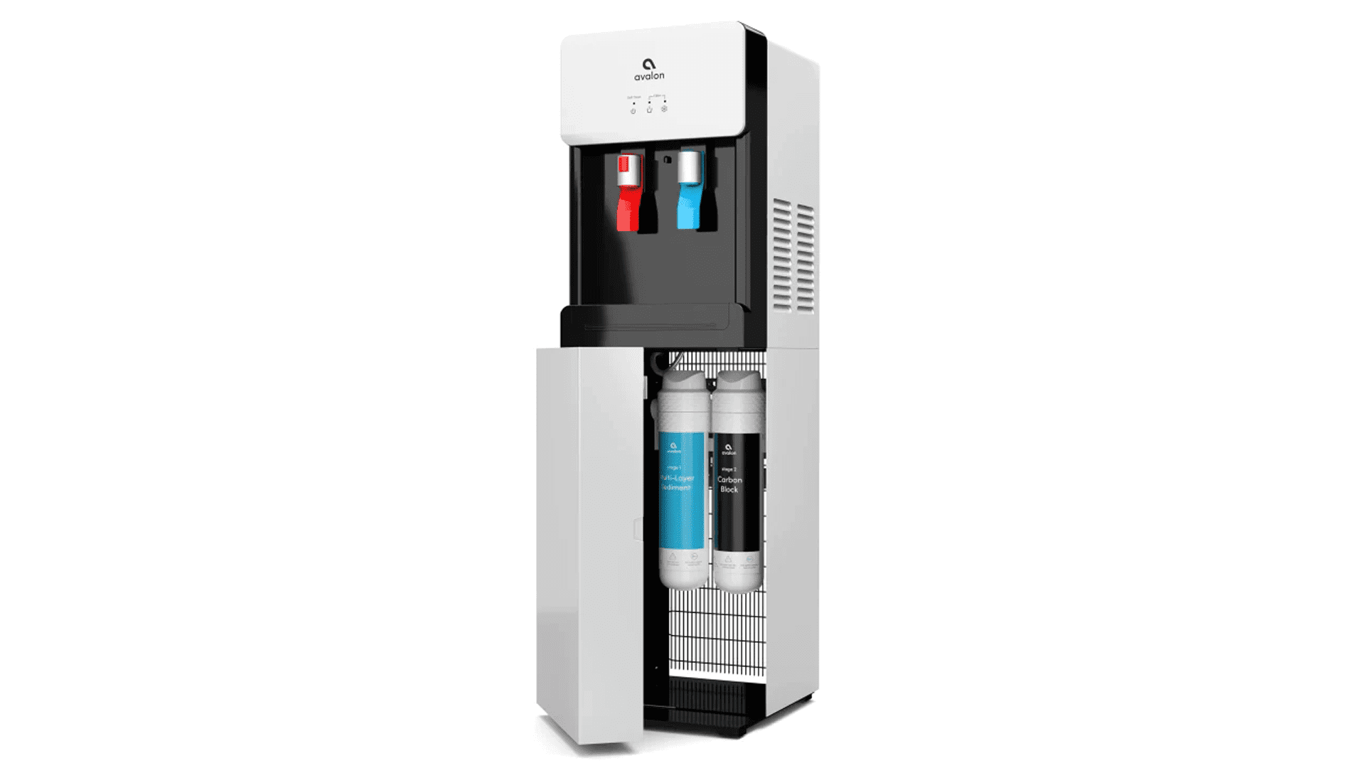 A white and black water cooler with two bottles of water.