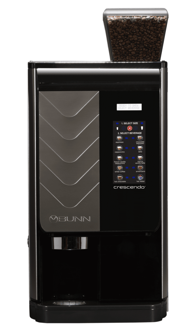 A black and silver coffee machine with buttons.