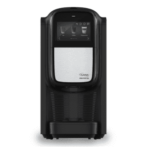 A black coffee maker with the door open.