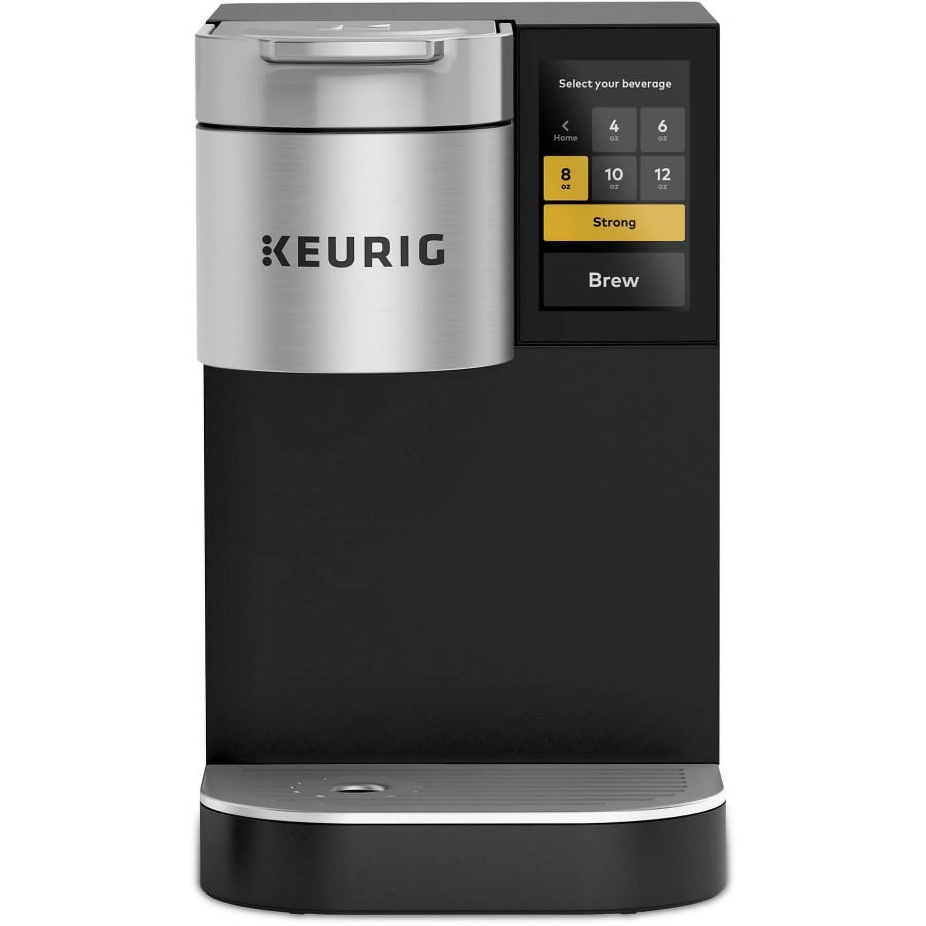 Black Keurig coffee maker with digital display.