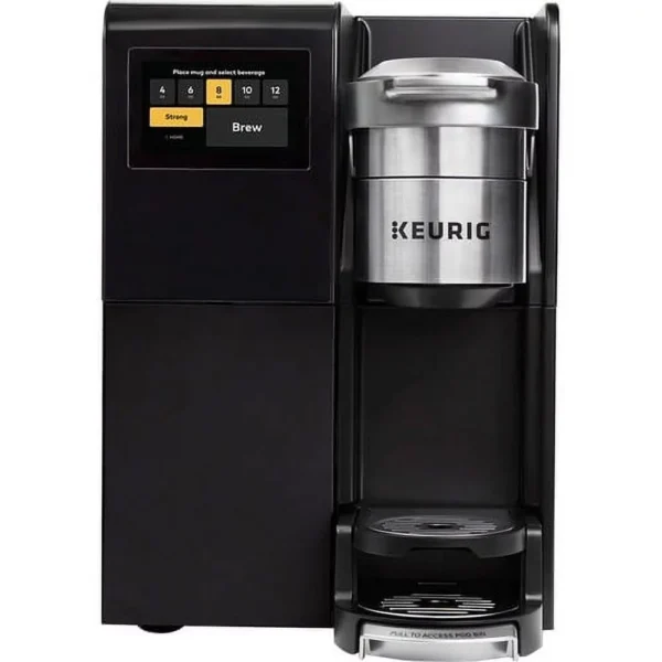 Black Keurig coffee maker with silver accents.