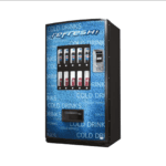 A vending machine with six soda bottles on it.