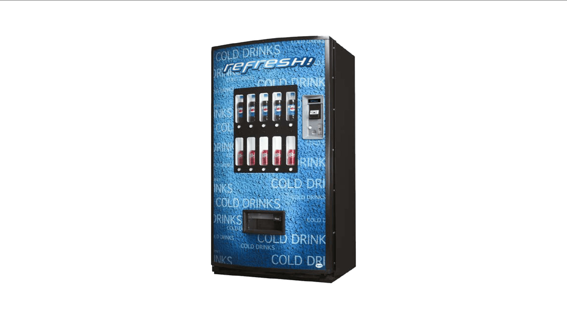 A vending machine with six soda bottles on it.