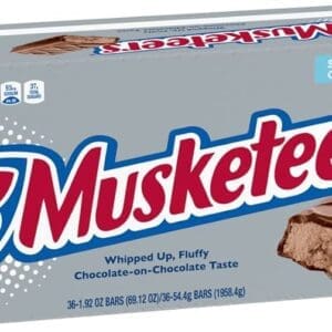 A box of 3 Musketeers Chocolate Candy Bars Full Size, showing a picture of the chocolate bar with a bite taken out of it, and text detailing the pack size and weight.