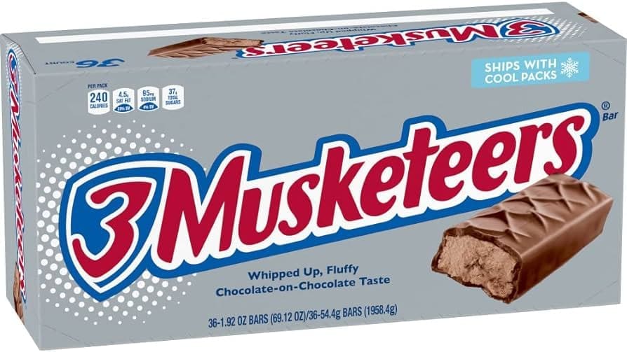 A box of 3 Musketeers Chocolate Candy Bars Full Size, showing a picture of the chocolate bar with a bite taken out of it, and text detailing the pack size and weight.