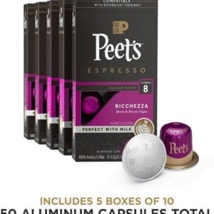 Five boxes of Peet's Coffee, Medium Roast Espresso Pods, Cafe Inspired Ricchezza Intensity 8, compatible with Nespresso Original machines, with visible aluminum capsules outside the boxes.