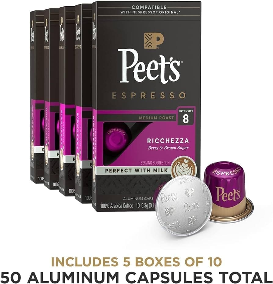 Five boxes of Peet's Coffee, Medium Roast Espresso Pods, Cafe Inspired Ricchezza Intensity 8, compatible with Nespresso Original machines, with visible aluminum capsules outside the boxes.