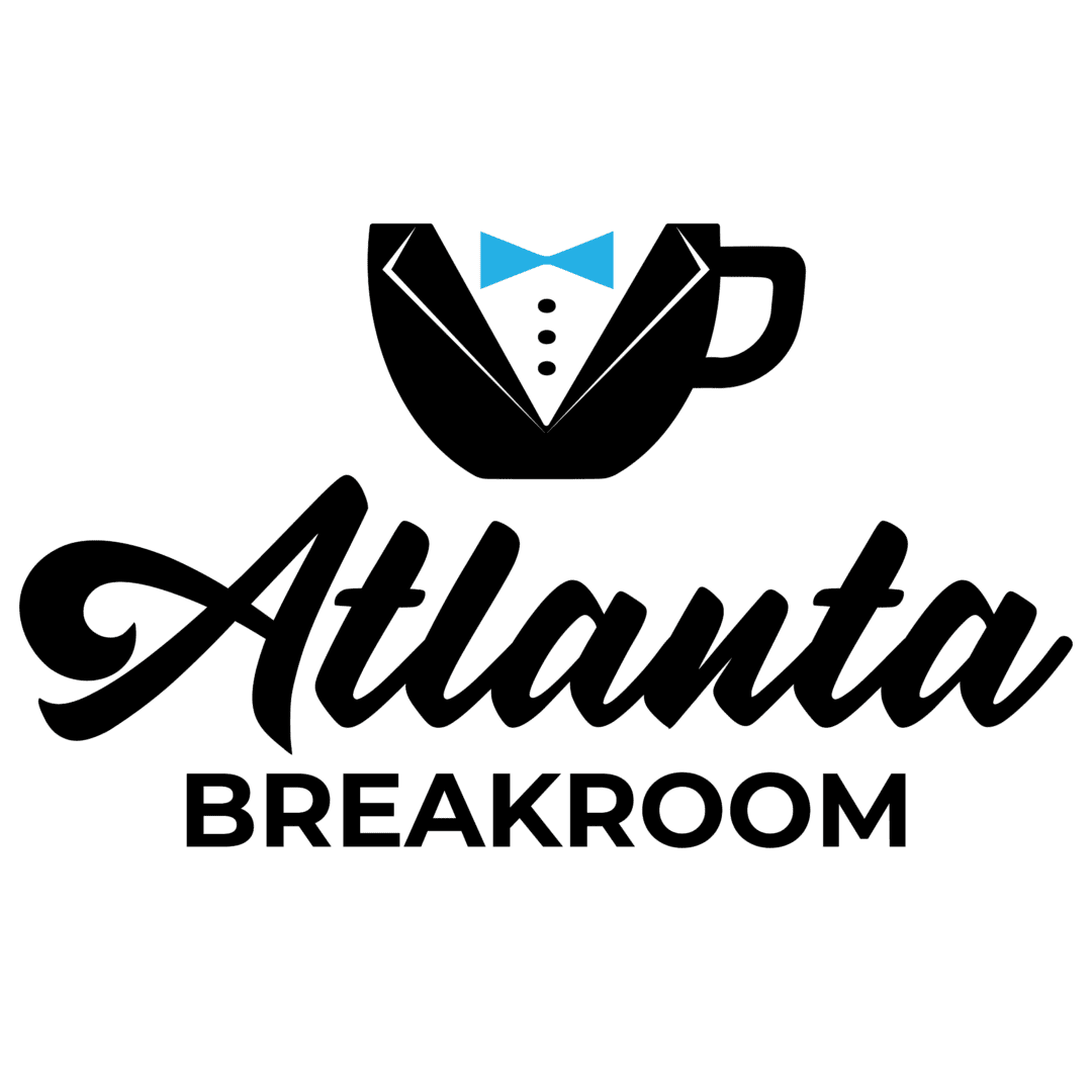 Logo of atlanta breakroom featuring a stylized coffee cup with a tuxedo design and the words "atlanta breakroom" in elegant script.