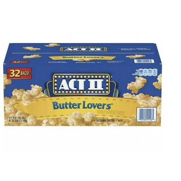 A box of ACT II Butter Lovers Microwave Popcorn, containing 32 bags.