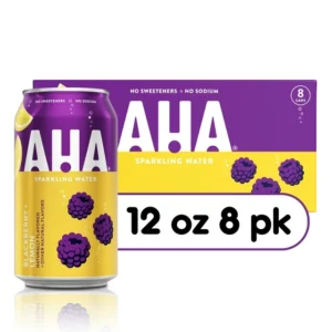 A 12-ounce can of AHA Blackberry and Lemon Sparkling Water displayed beside its yellow and purple packaging labeled as an 8-pack.