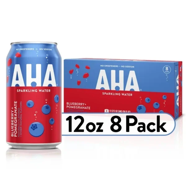 A can and a box of AHA Blueberry Pomegranate Sparkling Water, labeled as an 8-pack of 12oz cans.