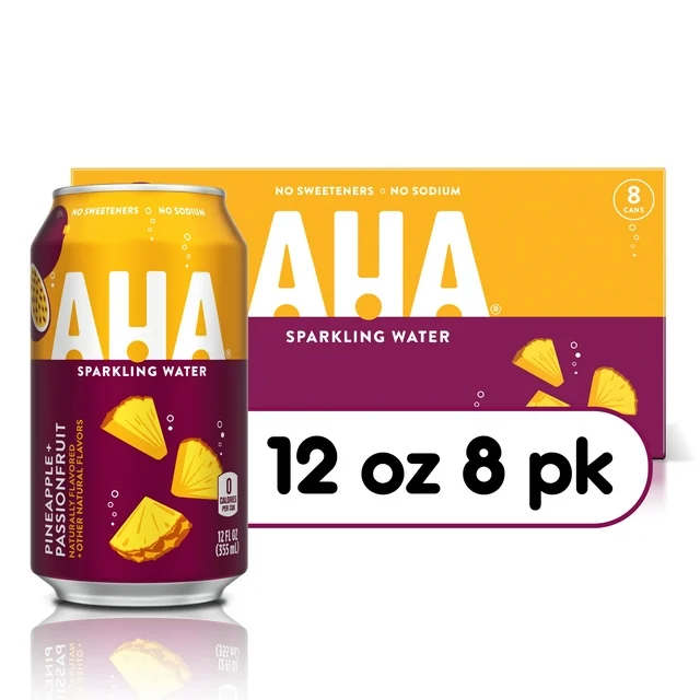 An image of a pack and single can of AHA Pineapple and Passionfruit Sparkling Water, labeled as a 12 oz 8-pack.