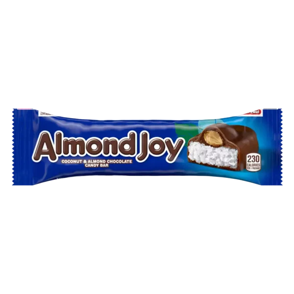 ALMOND JOY Coconut and Almond Chocolate Candy bar wrapper displaying coconut, almond, and chocolate contents with a "230 calories" label.