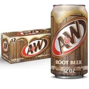 A&W Root Beer Soda Can next to a 12-pack box of the same beverage, both featuring logo and wood-design elements.