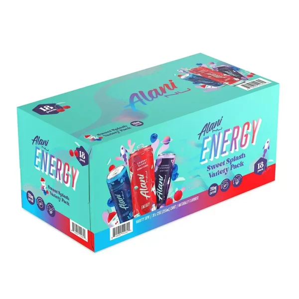 Box of Alani Nu Energy Drink Variety Pack, showing 18 cans with assorted flavors illustrated on a blue and pink carton.