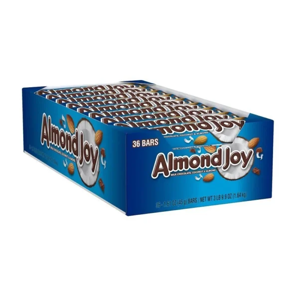 36 Almond Joy candy bars in a box.