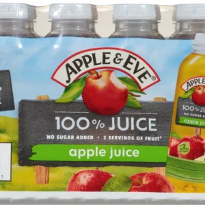 A 24-pack of Apple & Eve 100% Apple Juice bottles, labeled as 100% juice with no added sugar, displayed in a cardboard packaging.